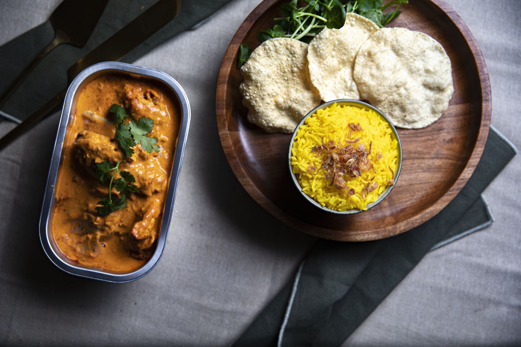 Chatham butter chicken take-home meal with saffron rice and pappadums